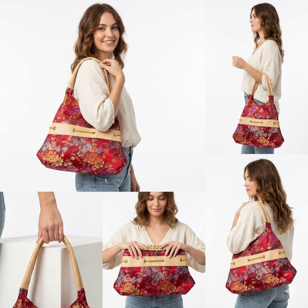 Y2K Red Silk Brocade Vintage Handbag Woven Floral Satin Drawstring Hobo Purse